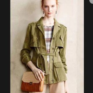 Anthropologie | HeiHei Army Green Belted Ruffled Back Military Button Front Coat